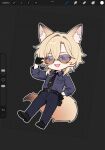  1boy alternate_costume animal_ears aventurine_(honkai:_star_rail) belt black_gloves black_necktie black_shoes blonde_hair chibi chibi_only commentary dog_boy dog_ears dog_tail gloves hand_in_pocket highres honkai:_star_rail honkai_(series) looking_over_eyewear miclipsee necktie open_mouth police police_uniform procreate_(medium) purple_eyes screenshot shoes short_hair symbol-only_commentary tail 