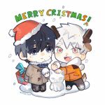  2025 2boys antlers black_hair box chibi chibi_only closed_mouth coat commentary duffel_coat fang fur_trim gift gift_box grey_eyes hat highres hikaru_ga_shinda_natsu holding holding_snowball horns indou_hikaru jacket looking_at_another looking_at_viewer luoooxl male_focus merry_christmas mole mole_on_cheek mole_under_eye mole_under_mouth multiple_boys multiple_moles open_mouth orange_jacket red_pupils reindeer_antlers santa_hat short_eyebrows short_hair simple_background smile snow_cat snowball tail translation_request tsujinaka_yoshiki white_background white_hair 