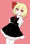  1girl 76gpo :p arms_behind_back black_skirt black_vest blonde_hair closed_mouth hair_ribbon highres looking_at_viewer pink_background puffy_short_sleeves puffy_sleeves red_eyes red_ribbon ribbon rumia shirt short_hair short_sleeves simple_background skirt smile solo tongue tongue_out touhou vest white_shirt 