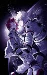  2boys absurdres alternate_costume bakugou_katsuki blonde_hair blush boku_no_hero_academia closed_eyes commentary_request dddemon555 earth_(planet) highres holding_hands kirishima_eijiro looking_at_another male_focus multiple_boys open_mouth planet red_hair sharp_teeth short_hair sky space spacesuit spiked_hair star_(sky) starry_sky teeth 