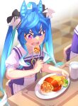  1girl @_@ absurdres ahoge animal_ears aqua_hair bangs blue_eyes blue_hair chair commentary_request crossed_bangs cup eating food hair_between_eyes hair_ribbon heterochromia highres horse_ears horse_girl ketchup long_hair omelet omurice open_mouth plate puffy_short_sleeves puffy_sleeves purple_eyes ribbon sailor_collar school_uniform sharp_teeth short_sleeves sitting solo spoon table teeth thin_(suzuneya) tracen_school_uniform twin_turbo_(umamusume) twintails umamusume v-shaped_eyebrows water 