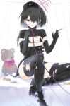  1girl alternate_costume artist_name belt black_belt black_boots black_eyes black_gloves black_hair black_hat black_mask black_shrug black_skirt black_thighhighs blue_archive boots breasts candy candy_moon777 commentary_request covered_nipples ear_piercing elbow_gloves eyes_visible_through_hair food gloves hair_over_one_eye halloween halo hat highres holding holding_needle id_card looking_at_viewer mask mask_pull medium_breasts misaki_(blue_archive) mouth_mask needle nurse nurse_cap piercing red_halo short_hair short_sleeves shrug_(clothing) sitting skindentation skirt solo stuffed_animal stuffed_toy swept_bangs teddy_bear thighhighs torn_clothes torn_thighhighs 