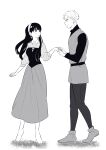  1boy 1girl absurdres ayuhata_toba barefoot belt ben-day_dots blush bodice breasts closed_mouth collared_shirt commentary_request dress full_body grass greyscale hairband hetero highres holding_hands long_hair long_sleeves looking_at_another medium_breasts monochrome pants profile screentones shirt shoes short_hair simple_background smile spy_x_family standing tiptoes tunic twilight_(spy_x_family) white_background yor_briar 