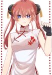  1girl arm_up blue_eyes bun_cover china_dress chinese_clothes commentary_request double_bun dress gintama hair_bun highres kagura_(gintama) kasuga_kaya long_hair looking_at_viewer red_hair sleeveless solo twintails 