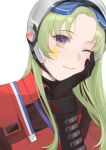  1girl bangs black_gloves blue_eyes chilli_646 closed_mouth elbow_gloves eyewear_on_head facial_mark fp-6_(girls&#039;_frontline) fp-6_(satellite_of_love)_(girls&#039;_frontline) girls&#039;_frontline gloves green_hair hand_on_own_chin helmet highres long_hair long_sleeves looking_at_viewer motorcycle_helmet multicolored_eyes official_alternate_costume one_eye_closed orange_eyes polo_shirt red_shirt safety_glasses shirt smile solo star_(symbol) star_facial_mark star_tattoo tattoo upper_body white_background white_helmet 