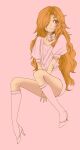  1boy :< arms_between_legs choker closed_mouth commentary_request convenient_censoring convenient_leg curly_hair frog_manjirou full_body hair_over_one_eye high_heels invisible_chair kneehighs knees_up long_hair looking_to_the_side male_focus maraich_juschenfe one_eye_covered orange_hair patalliro! pink_background pink_shirt pink_shoes pink_shorts pink_socks pink_theme puffy_short_sleeves puffy_sleeves pumps purple_eyes ribbon_choker shirt shoes short_shorts short_sleeves shorts simple_background sitting socks solo trap v_arms very_long_hair 