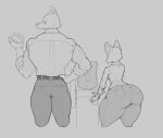  anthro atpandotcom big_butt bottomwear butt canid canine canis clothed clothing denim denim_clothing duo female jeans male male/female mammal pants shirt thick_thighs topwear unknown_species water_cooler wide_hips wolf 