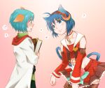  19670615t 1boy 1girl animal_ears blue_eyes blue_hair blush book cat_ears closed_mouth crescent crescent_hair_ornament hair_ornament labcoat leon_geeste open_mouth pointy_ears rena_lanford short_hair simple_background skirt smile star_ocean star_ocean_the_second_story 