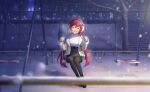  1girl :d ^_^ ahoge blurry blush closed_eyes commentary_request depth_of_field facing_viewer game_cg hair_ornament hairclip highres jacket long_hair long_sleeves low_twintails official_art open_mouth outdoors pantyhose railing red_hair skirt smile snowing solo sweater swing third-party_source twintails very_long_hair world_dai_star yonaguni_hikari 