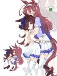  >_< 2girls ahoge animal_ears battery_indicator blue_flower blue_rose blush bow bowtie brown_hair carrying closed_eyes closed_mouth flipped_hair flower grey_hairband hair_between_eyes hair_over_one_eye hairband hat hat_flower highres horse_ears horse_girl horse_tail hug hug_from_behind koppiaa long_hair mihono_bourbon_(umamusume) multiple_girls pleated_skirt princess_carry puffy_short_sleeves puffy_sleeves purple_bow purple_bowtie purple_eyes purple_shirt recharging rice_shower_(umamusume) rose sailor_collar sailor_shirt school_uniform shirt short_sleeves silver_hairband skirt smile tail thighhighs tilted_headwear tracen_school_uniform umamusume white_sailor_collar white_thighhighs yuri 