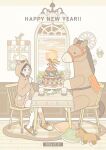  ._. 1girl 2026 animal-themed_food animal_costume animal_ears animal_figurine asymmetrical_legwear balloon_animal braid bridle brown_hair brown_horse brown_theme cake chandelier chinese_zodiac chocolate_cake commentary_request food highres horse horse_ears horseshoe limited_palette mismatched_legwear nengajou new_year original pastel_colors plant potted_plant reins stuffed_animal stuffed_toy tea_party year_of_the_horse yoshimon 