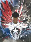  1boy american_flag american_flag_print blood captain_america dark-skinned_male dark_skin feathers flag_print highres male_focus marvel mask peach_momoko red_feathers sam_wilson short_hair smoke solo star_(symbol) superhero wings 