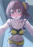  1girl absurdres bare_shoulders blush brown_hair collarbone commentary_request crop_top dolphin_shorts girl_on_top green_eyes hair_ornament hair_scrunchie highres hololive long_hair midriff natsuiro_matsuri natsuiro_matsuri_(matsuri's_day_off) navel open_mouth pov scrunchie shorts side_ponytail solo starkamisan strap_slip sweat virtual_youtuber wavy_mouth 