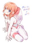  1girl blue_eyes blush bodysuit chawa_(chawawa) cosplay darling_in_the_franxx gintama kagura_(gintama) kneeling mecha_pilot_suit parasite_suit_(darling_in_the_franxx) parody red_hair solo third-party_source white_background white_bodysuit 