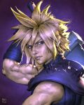  1boy absurdres arm_up armor blonde_hair blue_eyes buster_sword cloud_strife commentary earrings english_commentary final_fantasy final_fantasy_vii highres holding holding_sword holding_weapon jewelry loose_hair_strand male_focus multiple_scars over_shoulder pauldrons portrait scar scar_on_arm scar_on_cheek scar_on_face scar_on_nose short_hair shoulder_armor single_pauldron single_shoulder_pad sleeveless sleeveless_turtleneck solo spiked_hair stud_earrings studystudiomax sword sword_over_shoulder toned toned_male turtleneck v-shaped_eyebrows weapon weapon_over_shoulder 