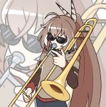  1girl ahoge bangs brown_hair feather_hair_ornament feathers hair_ornament highres hololive hololive_english hood hoodie instrument long_hair multicolored_hair namelessakikaze nanashi_mumei ponytail streaked_hair sunglasses trombone very_long_hair virtual_youtuber 