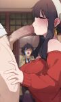  1girl 2boys bangs bare_shoulders black_hair blurry blurry_background breasts censored closed_eyes depth_of_field erection fellatio from_side hairband hetero highres kakure_eria large_breasts long_hair long_sleeves mosaic_censoring multiple_boys off-shoulder_sweater off_shoulder oral penis profile red_sweater sidelocks spy_x_family stray_pubic_hair sweater yor_briar yuri_briar 