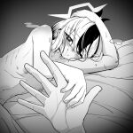  1boy 1girl 743_(743rd_bat) blue_archive blush commentary greyscale halo hand_grab hand_on_own_head hetero horns implied_after_sex kayoko_(blue_archive) long_hair looking_at_viewer lying monochrome nipples on_side parted_lips pov pov_hands solo_focus symbol-only_commentary 