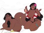  2girls aged_up ass bikini black_hair breasts dark-skinned_female dark_nipples dark_skin flower hair_flower hair_ornament hibiscus highres huge_breasts lilo_&amp;_stitch lilo_pelekai long_hair lying multiple_girls nani_pelekai neoastaroth nipples on_stomach pink_flower print_bikini red_bikini siblings sisters swimsuit 
