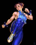  1girl absurdres blue_bodysuit bodysuit bracelet brown_eyes brown_hair chun-li clenched_hands commentary double_bun english_commentary fighting_stance full_body hair_bun hand_up highres jewelry knee_up parted_lips shoes short_hair sleeveless sleeveless_bodysuit smile sneakers solo standing standing_on_one_leg street_fighter street_fighter_zero_(series) studded_bracelet studystudiomax toned toned_female yellow_shoes 