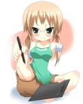  1girl amputee aqua_eyes armless_amputee barefoot blonde_hair blush breasts brown_shorts commentary_request drawing_tablet full_body glasses green_shirt holding holding_drawing_tablet kuronekogata looking_at_viewer low_twintails oekaki_musume original shirt shorts sitting small_breasts smile solo stylus twintails 