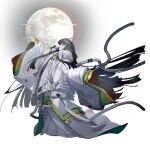  1girl alternate_costume black_hair fantastic_danmaku_festival full_body full_moon game_cg green_kimono houraisan_kaguya japanese_clothes kimono layered_kimono long_hair moon official_art red_eyes science_fiction scorpion5050 solo spacesuit standing third-party_source touhou tube very_long_hair wide_sleeves yellow_kimono 