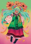  1girl abstract_background aqua_eyes aqua_hair blue_flower boots commentary dress earrings embroidery english_commentary field flower flower_field flower_wreath full_body green_jacket hair_ornament hatsune_miku head_wreath highres holding holding_flower jacket jewelry leahtrsv long_hair long_sleeves looking_down necklace puffy_sleeves red_dress signature skirt smile solo sunflower sunflower_field twintails ukraine ukrainian_clothes vinok vocaloid vyshyvanka white_dress worldwide_miku 
