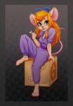  2021 anthro artist_name barefoot biped blue_eyes chip_&#039;n_dale_rescue_rangers clothing coveralls digital_media_(artwork) disney eyelashes eyewear eyewear_on_head feet female gadget_hackwrench goggles goggles_on_head hair hi_res hindpaw holding_object holding_tool holding_wrench long_hair onomari orange_hair pattern_background paws pink_nose purple_clothing shaded simple_background sitting solo tools wrench 