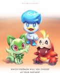  :d blue_eyes bright_pupils commentary copyright_name fuecoco highres kelvin-trainerk looking_at_viewer no_humans open_mouth pokemon pokemon_(creature) quaxly red_eyes smile sprigatito starter_pokemon_trio twitter_username watermark white_pupils 