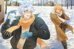  2boys antenna_hair bare_tree black_gloves black_jacket blonde_hair blue_eyes blue_gloves braid brown_coat coat commentary dadadabibadum english_commentary facial_tattoo glasses gloves gradient_hair highres holding holding_snowball honkai:_star_rail honkai_(series) jacket male_focus medium_hair multicolored_hair multiple_boys mydei_(honkai:_star_rail) one_eye_closed open_clothes open_jacket parted_bangs phainon_(honkai:_star_rail) red_hair red_tattoo scarf short_hair side_braid snowball snowball_fight snowman sweater tattoo throwing tree white_hair white_scarf white_sweater yellow_eyes yellow_scarf 