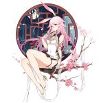  1girl animal_ears bangs bare_legs bare_shoulders breasts china_dress chinese_clothes dress flower full_body hair_ornament holding honkai_(series) long_hair looking_at_viewer official_art rabbit_ears sitting solo yae_sakura 