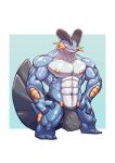 2026 abs anthro biped black_eyes blue_background blue_body blue_skin bottomwear bulge clothing digital_drawing_(artwork) digital_media_(artwork) fin front_view generation_3_pokemon head_fin hi_res loincloth male mantt muscular muscular_anthro muscular_arms muscular_male navel nintendo nipples obliques orange_nipples orange_sclera pecs pokemon pokemon_(species) simple_background solo standing swampert tail tail_fin white_background white_body white_skin