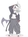  1girl absurdres alternate_costume amebrew arm_up armpit_crease baggy_pants black_choker black_jacket black_pants black_sports_bra black_streaks blue_archive blush breasts choker cleavage collarbone commentary_request demon_horns frown full_body grey_hair grey_halo halo highres horns jacket kayoko_(blue_archive) multicolored_hair navel o-ring o-ring_choker open_clothes open_jacket pants red_eyes shoes simple_background single_bare_shoulder single_wing small_breasts sneakers solo spiked_halo split_mouth sports_bra standing stomach streaked_hair white_background white_shoes wings 