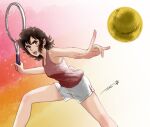  1girl :o ace_wo_nerae! ball breasts brown_hair chutohampa feet_out_of_frame oka_hiromi open_mouth racket retro_artstyle shorts sidelocks signature small_breasts solo sportswear tank_top tennis tennis_ball tennis_racket white_shorts 