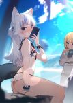  2girls ahedtra among_us animal_ears areola_slip ass bangs bare_shoulders bikini blonde_hair blue_eyes blue_hair blunt_bangs blush breasts cat_ears cellphone crewmate_(among_us) fish_tail gawr_gura grin highres holding holding_water_gun hololive hololive_english long_hair looking_at_viewer multicolored_hair multiple_girls phone sailor_collar shark_girl shark_tail sitting small_breasts smartphone smile swimsuit tail two-tone_hair virtual_youtuber water_gun watson_amelia white_hair 