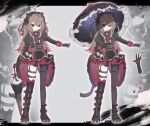 1girl ahoge alternate_costume alternate_hairstyle animal_ear_hairband animal_ear_legwear animal_ears arm_belt asymmetrical_legwear bell ben-day_dots bib_collar black_boots black_border black_gloves black_headdress black_pantyhose black_ribbon black_shirt boots border bow broken_heart broken_heart_hair_ornament brown_hair cat_ear_hairband cat_ear_legwear cat_ears cat_tail center_frills closed_mouth curled_ends evil_neuro-sama fake_animal_ears fake_claws flipped_hair frilled_shirt_collar frilled_skirt frills fukasigi64 full_body gloves gothic_lolita grey_background hair_between_eyes hair_ornament hairband hashtag-only_commentary heart high-low_skirt high-waist_skirt highres holding holding_umbrella juliet_sleeves letterboxed lolita_fashion long_hair long_sleeves looking_at_viewer maid_headdress multiple_thigh_straps multiple_views neck_bell neck_ribbon outside_border outstretched_arm pantyhose parasol paw_print_palms pink_thighhighs puffy_sleeves red_bow red_eyes reference_sheet ribbon screentones shade shirt single_leg_pantyhose skirt skirt_bow sleeve_cuffs sparkle standing tachi-e tail thigh_strap thighhighs two_side_up umbrella underbust vedal_ai virtual_youtuber zoom_layer 
