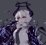  1girl :< black_claws black_halo black_hands black_horns black_necktie broken broken_chain chain claws closed_mouth collar collared_shirt colored_extremities demon_tail don_quixote_(project_moon) e.g.o_(project_moon) fire grey_background hair_between_eyes halo highres horns index_(identity)_(project_moon) kelbhin limbus_company messy_hair metal_collar necktie orange_eyes oversized_forearms oversized_limbs partially_colored procuration_(e.g.o) project_moon purple_fire scratching_cheek shirt short_hair simple_background slit_pupils solo tail upper_body white_shirt 