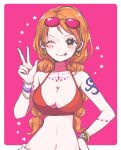  1girl :p bare_shoulders bracelet breasts cleavage earrings eyewear_on_head hand_on_hip hand_up highres jewelry large_breasts long_hair low_twintails midriff nami_(one_piece) navel one_eye_closed one_piece one_piece_film:_red orange_eyes orange_hair shinogo_no shoulder_tattoo solo star_(symbol) tattoo tongue tongue_out twintails upper_body v 