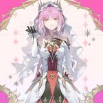  1girl bare_shoulders black_gloves braid braided_ponytail breasts chinese_commentary commentary_request cowboy_shot detached_sleeves dress gloves hand_up highres ishmael:_parhelion_(nightfall_finale)_(pgr) ishmael_(pgr) long_hair long_sleeves low_ponytail medium_breasts orange_eyes parted_lips pink_hair ponytail punishing:_gray_raven revision solo sparkle veil white_dress white_veil zhongyuanqing 