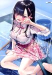  1girl 1other absurdres artist_name barbell_piercing black_hair blush bow bowtie bra bra_visible_through_clothes bracelet breasts bucket bucket_of_water collared_shirt dengeki_moeoh ear_blush ear_piercing fang feet_out_of_frame fingernails hair_ornament hairband hand_up highres holding holding_hose hose industrial_piercing jewelry large_breasts long_hair long_sleeves looking_at_viewer magazine_scan miniskirt on_floor open_mouth original page_number parted_bangs piercing pink_bow pink_bowtie pink_bra pink_eyes pink_hairband pink_skirt plaid_clothes plaid_skirt pleated_skirt scan school_uniform shirt sidelocks sitting skirt sleeves_rolled_up third-party_source underwear water wet wet_clothes wet_shirt white_shirt x_hair_ornament yokozuwari yuuyu_(moco20111115) 