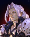  1boy absurdres armor black_coat blood blood_on_clothes blue_eyes chest_strap coat commentary curtained_hair english_commentary final_fantasy final_fantasy_vii highres long_hair looking_at_viewer male_focus parted_bangs pauldrons pectorals portrait sephiroth shoulder_armor solo studystudiomax v-shaped_eyebrows 