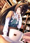  1girl ahoge animal_ears black_hair blush closed_mouth coffee_cup cup disposable_cup ear_piercing eyes_visible_through_hair hair_between_eyes herohero_(higashi_no_dou) highres horse_ears horse_girl indoors library long_sleeves looking_at_viewer manhattan_cafe_(umamusume) multicolored_hair neck_ribbon piercing pov ribbon smile solo_focus streaked_hair umamusume white_hair white_ribbon yellow_eyes 