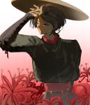  1boy adapted_costume arm_behind_back black_eyes black_hair black_robe blunt_ends brown_hat closed_mouth empty_eyes eyelashes eyeliner field flower flower_field genshin_impact hand_on_own_head hand_up hat highres imagirl_0 kuronushi_(genshin_impact) looking_to_the_side makeup male_focus mandarin_collar outdoors parted_bangs red_eyeliner red_flower red_nails red_sash red_shirt robe sash scaramouche_(genshin_impact) shirt solo spider_lily straw_hat undershirt uneven_eyes white_background 