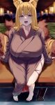  1girl absurdres animal_ear_fluff animal_ears barefoot blonde_hair blurry blurry_background blush breasts brown_kimono commentary_request fangs fox_ears fox_girl fox_tail full_body highres huge_breasts japanese_clothes kimono kitsune kyuubi long_hair looking_at_viewer mirufi_(milfiiiiyu) multiple_tails open_mouth orange_eyes original paid_reward_available sitting solo tail very_long_hair 