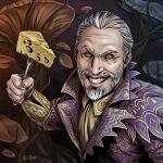  1boy beard black_sclera cheese colored_sclera commentary crazy_grin evil_smile facial_hair food fork giant_mushroom gold_embroidery hair_slicked_back holding holding_fork jacket lei-ren looking_at_viewer male_focus mushroom necktie ornate_clothes purple_jacket sheogorath shirt signature slit_pupils smile solo teeth the_elder_scrolls the_elder_scrolls_iv:_oblivion upper_body white_hair yellow_eyes yellow_shirt 