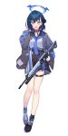  1girl alternate_costume ar-18 assault_rifle asymmetrical_bangs black_hair black_sailor_collar black_skirt blue_archive blue_halo blue_neckerchief blush braid braided_bangs breasts character_sticker commentary_request grenade_launcher grey_jacket gun hair_bun hair_ornament hairclip hairpin halo highres holding holding_gun holding_weapon jacket long_sleeves looking_at_viewer medium_breasts medium_hair multicolored_hair multiple_hairpins neckerchief necktie nijisanji open_mouth parallel_hairclips pink_hair pleated_skirt rifle sailor_collar sakauri_rk school_uniform serafuku shirt simple_background skirt smile solo sticker streaked_hair thigh_strap thighs tokin-chan_(yamagami_karuta) underbarrel_grenade_launcher virtual_youtuber weapon white_background yamagami_karuta yellow_eyes 