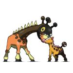  black_horns blacknirrow brown_horns closed_eyes closed_mouth english_commentary evolutionary_line farigiraf girafarig hooves horns multiple_horns no_humans nuzzle pokemon pokemon_(creature) simple_background smile white_background white_horns 