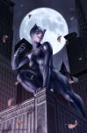  1girl animal_ears armpit_cutout batman_(series) black_bodysuit black_gloves black_mask blue_eyes blurry blurry_background bodysuit cat_ears catwoman catwoman_(comic) city clothing_cutout comic_cover commentary dc_comics english_commentary fake_animal_ears full_moon gloves grin highres leaf looking_to_the_side moon night official_art perched red_lips signature smile solo yoon_junggeun 