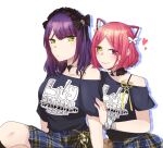  2girls arms_at_sides assault_lily behind_another black_bow black_choker black_hairband black_shirt blue_skirt bow braid breasts butterfly_hair_ornament butterfly_necklace choker closed_mouth clothes_writing commentary_request crossed_legs drop_shadow frilled_choker frilled_hairband frills funada_kiito green_eyes hair_bow hair_ears hair_ornament hairband hand_on_another's_arm hand_up heart heart_o-ring heterochromia jewelry looking_at_another looking_to_the_side medium_breasts medium_hair miniskirt mole mole_under_eye multiple_girls necklace nigari_(ngari_0115) o-ring o-ring_choker official_alternate_costume official_alternate_hair_length official_alternate_hairstyle parted_bangs plaid_clothes plaid_skirt print_shirt purple_hair red_eyes red_hair ribbon scrunchie shiba_tomoshibi shirt short_hair short_sleeves sideways_glance simple_background single_bare_shoulder single_off_shoulder skirt twin_braids upper_body white_background white_scrunchie wrist_scrunchie yellow_ribbon 