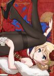  1girl alternate_costume ass black_shoes black_thighhighs blonde_hair blue_eyes blush braid breasts china_dress chinese_clothes commentary cup darjeeling_(girls_und_panzer) dress ehirorotoon flower folding_fan from_side fur_scarf girls_und_panzer hair_flower hair_ornament hand_fan high_heels highres holding holding_cup holding_fan large_breasts legs legs_up looking_at_viewer lying on_back pantyhose parted_lips pouring red_dress red_flower shoe_dangle shoes short_hair sleeveless solo tea teacup thighband_pantyhose thighhighs thighs twin_braids twitter_username 